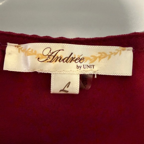 Andree by UNIT Burgundy Embroidered V Neck Babydoll Top Blouse Women's Size L - Picture 8 of 11